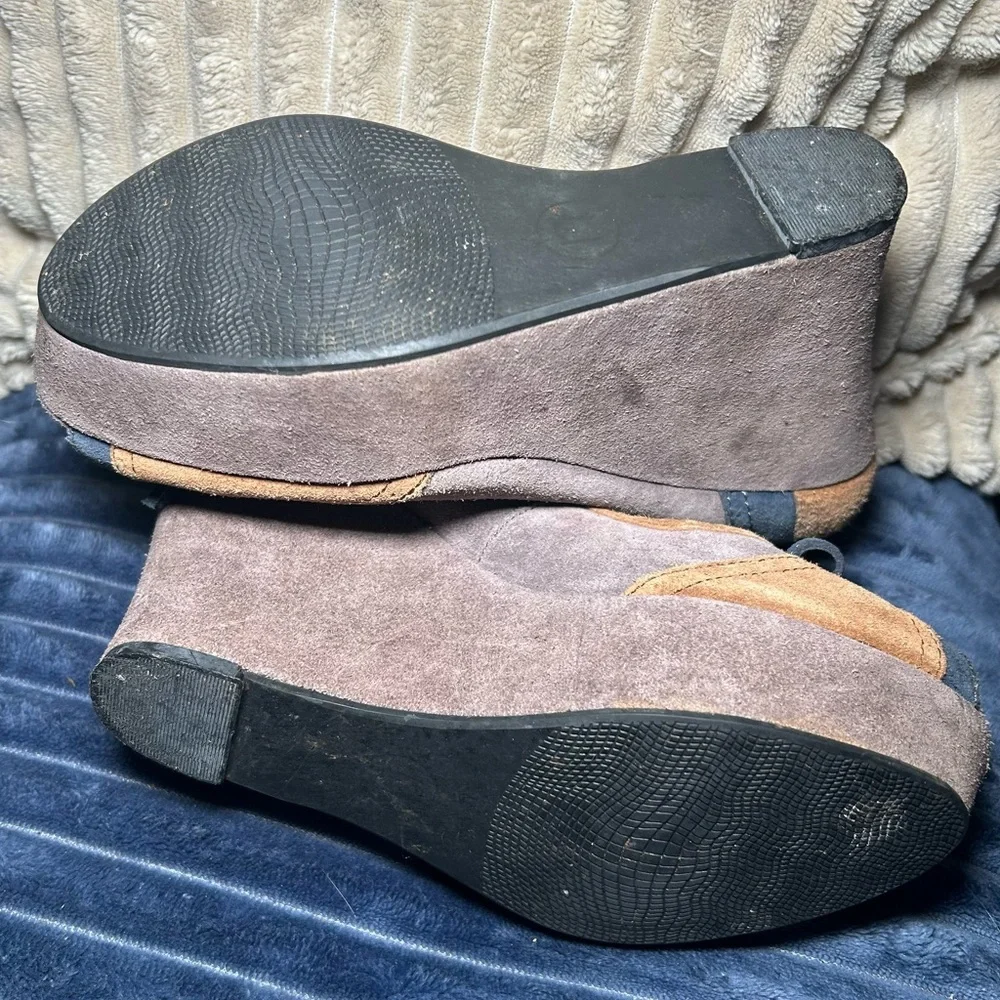 Nicole Avid Vintage Y2K platform peeptoe bow tie navy tan wedge heels suede 7.5